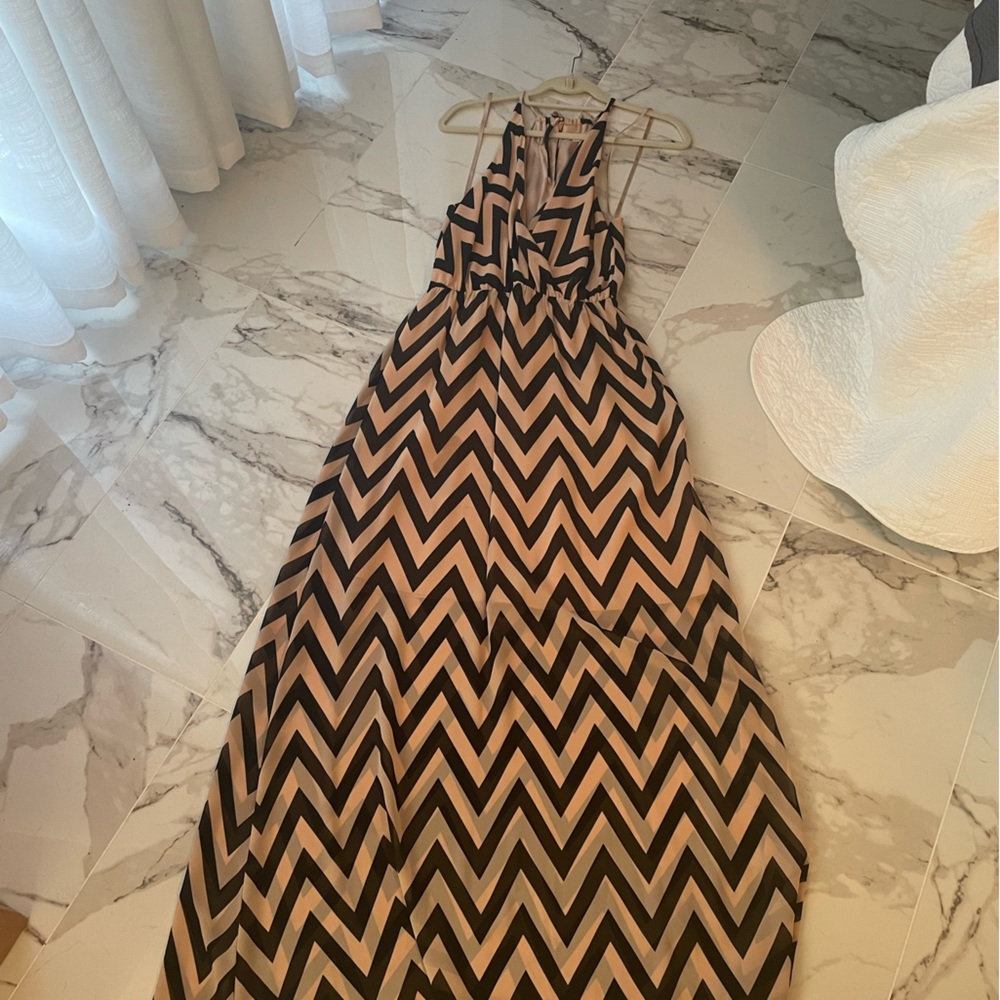Floor length, chevron, print halter dress
